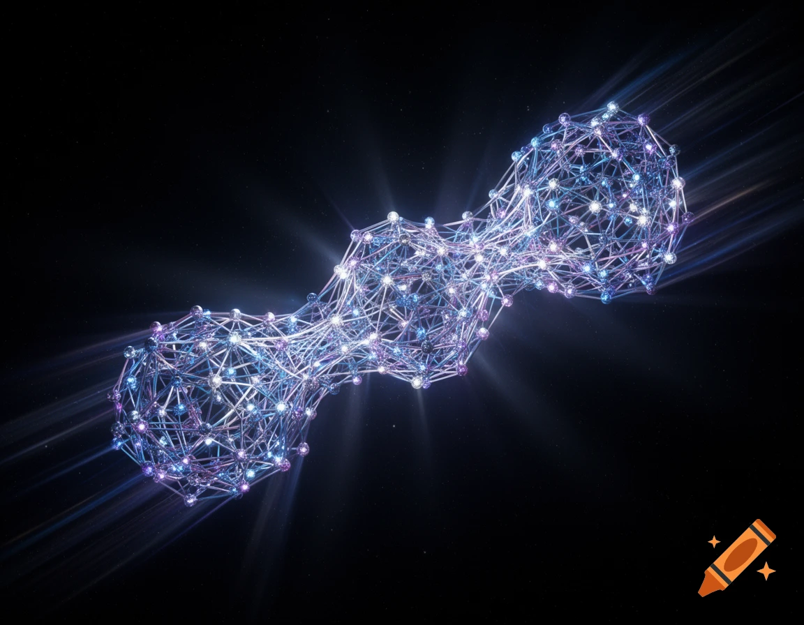 Abstract glowing molecule composed of interconnected blue and purple spheres against a dark, starry background.