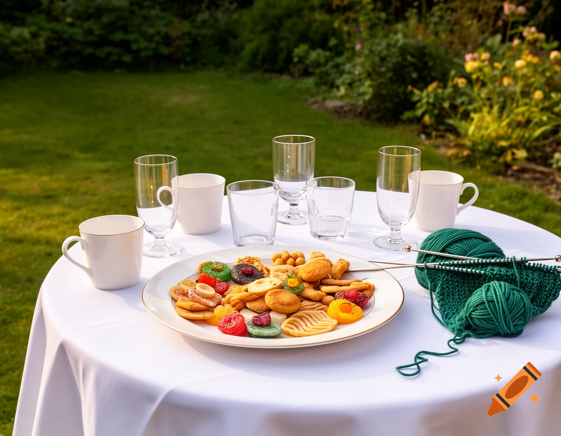 A picnic table with a white tablecloth in a sunny garden, holding white mugs, empty glasses, a plate of colorful snacks, and green yarn with knitting.
