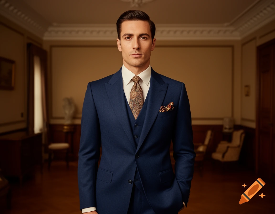 A well-dressed man in a blue three-piece suit with a patterned tie and pocket square stands in an elegant vintage-style room.