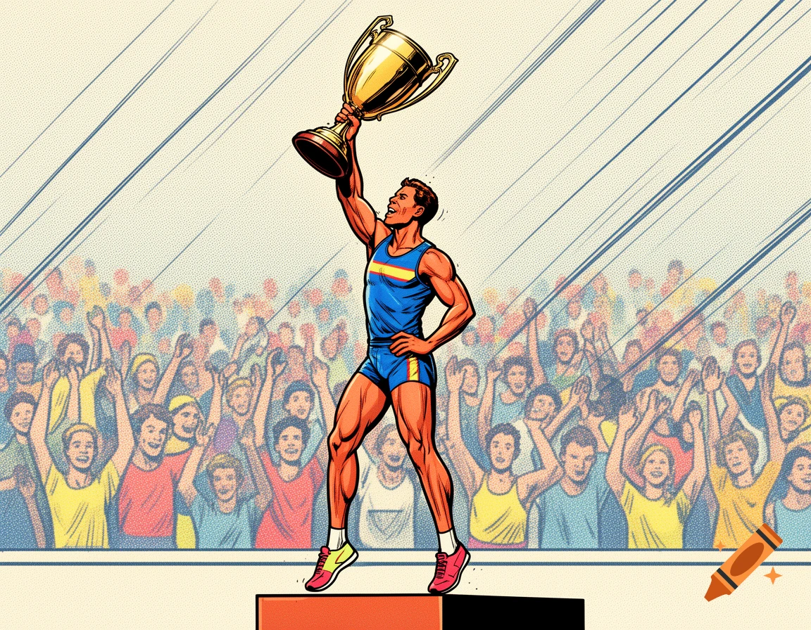 Comic-style illustration of a male athlete in a blue uniform standing on a podium, holding a gold trophy high above his head, cheered by a crowd.