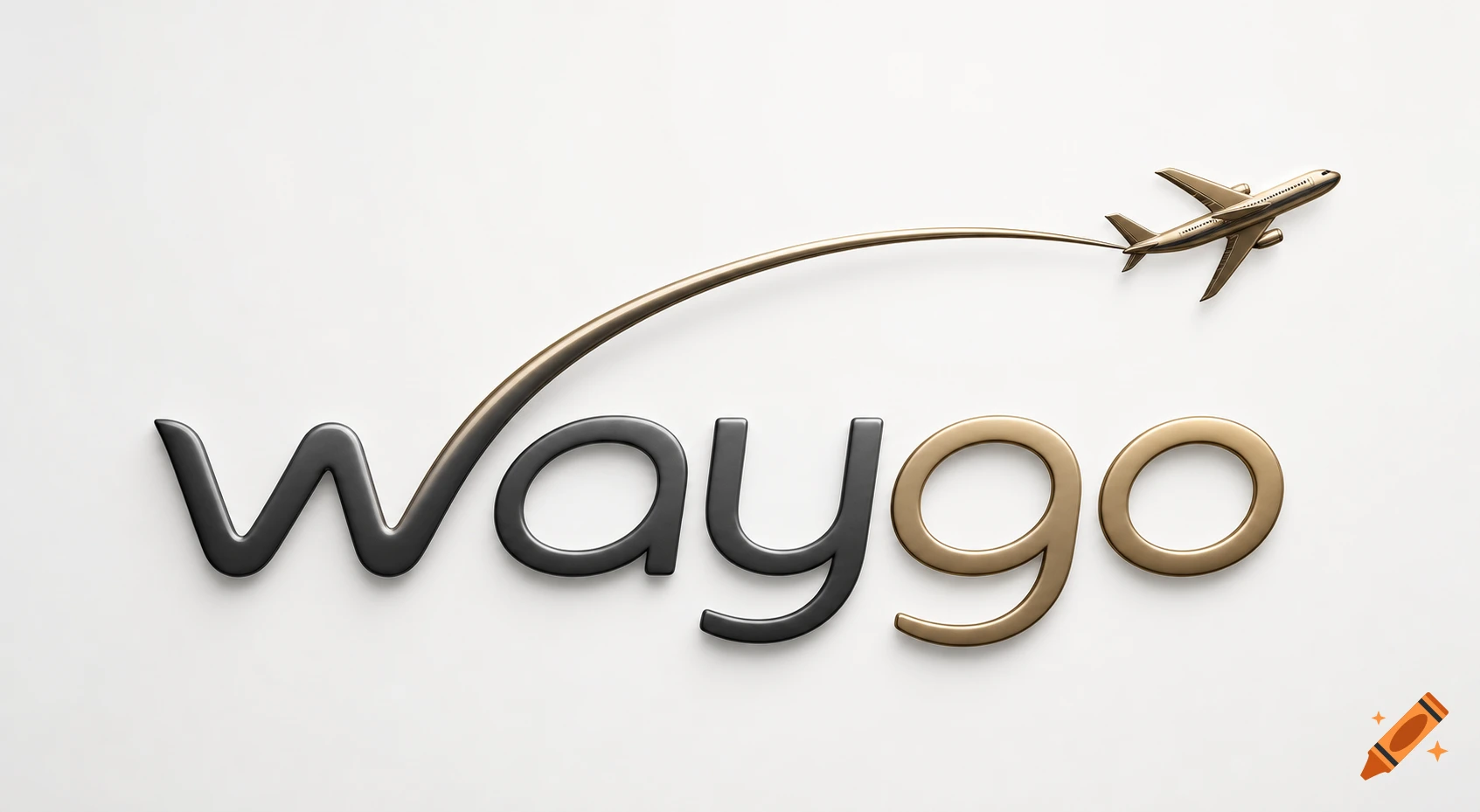 Minimalist 'WayGo' logo with black and gold text, a gold airplane flying above, connected by an arc.