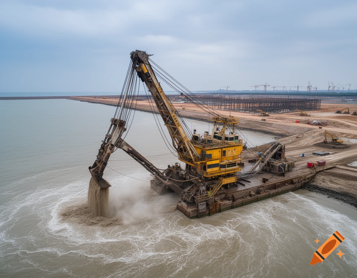 A large yellow dredger scoops sediment from the sea for land reclamation, with a construction site and cranes in the distance.