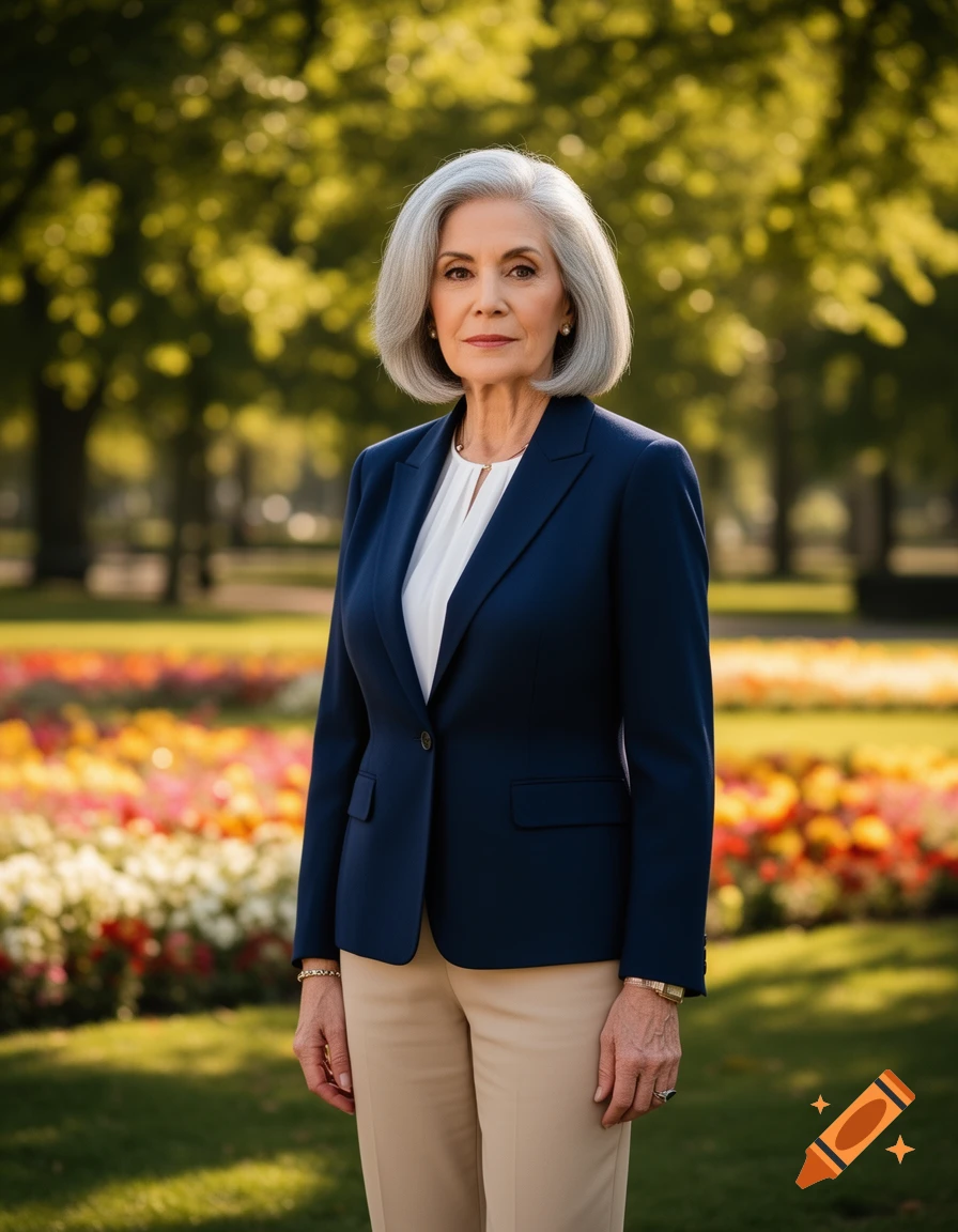 Photorealistic portrait of a confident older woman with silver hair in a navy blazer and tan pants, standing in a vibrant park.