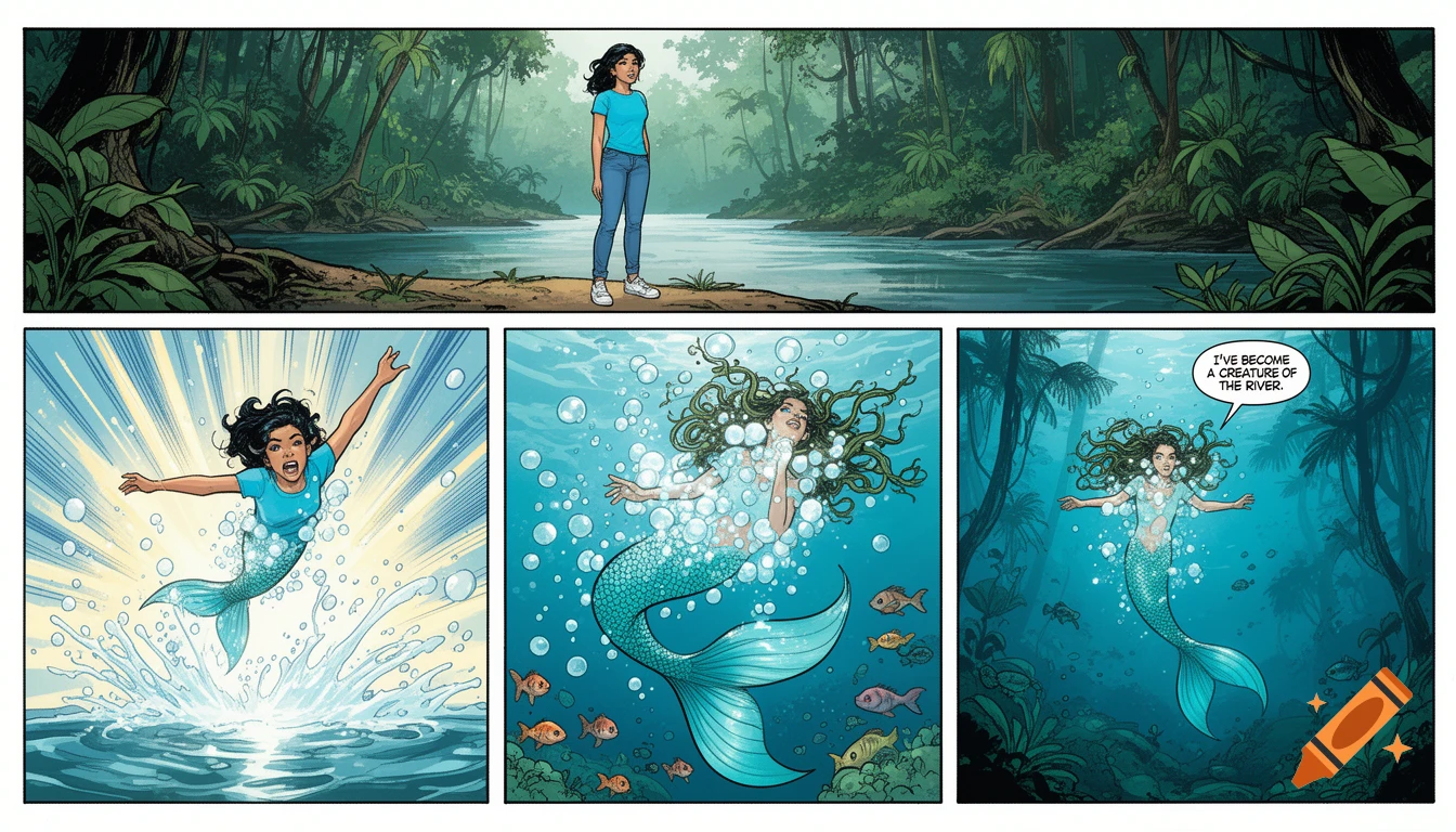 A comic strip showing a woman transforming into a mermaid in a jungle river, complete with a speech bubble.