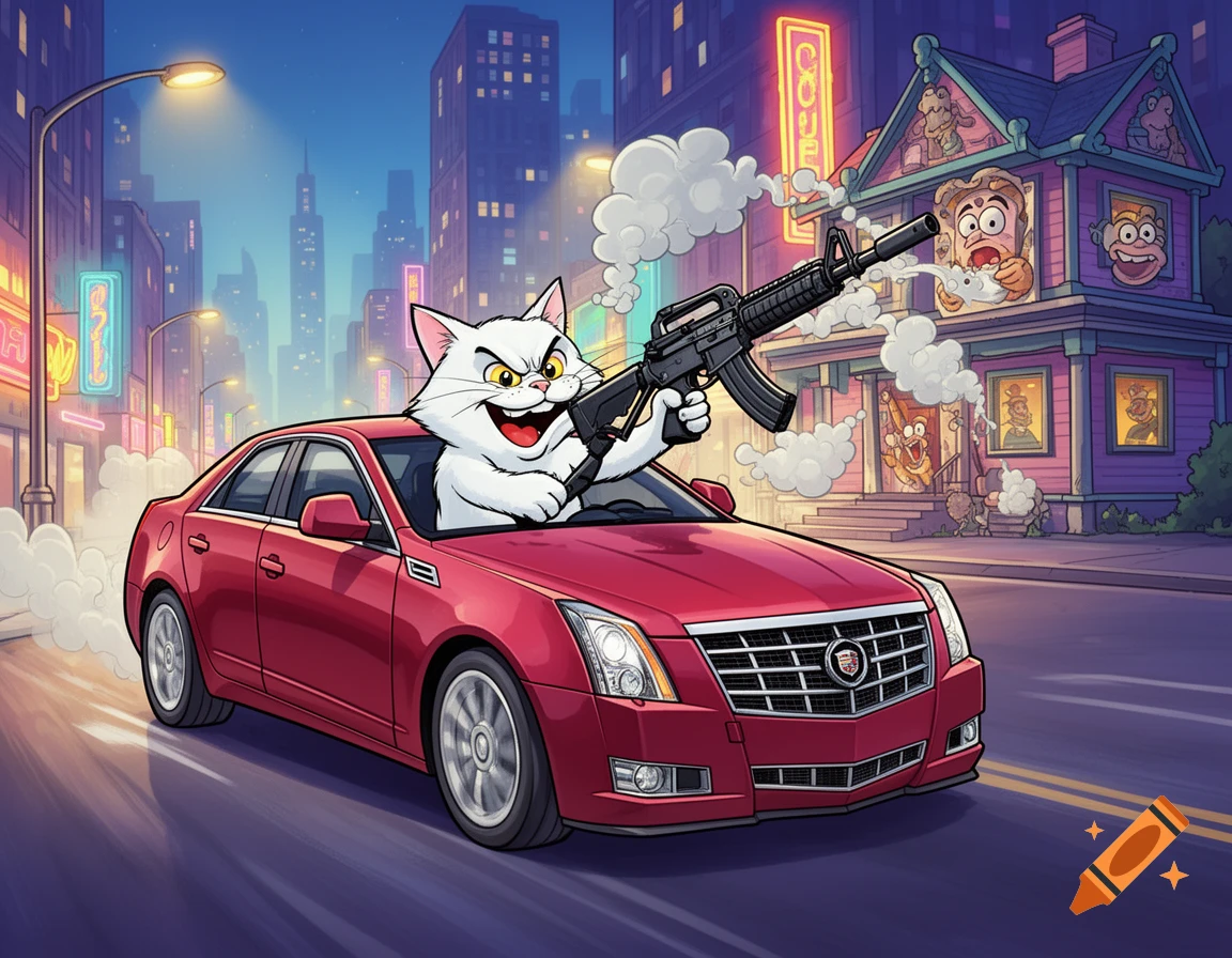 A cartoon white cat with a mischievous grin drives a red car, shooting an AR-15 out the window at a purple house in a city at night.