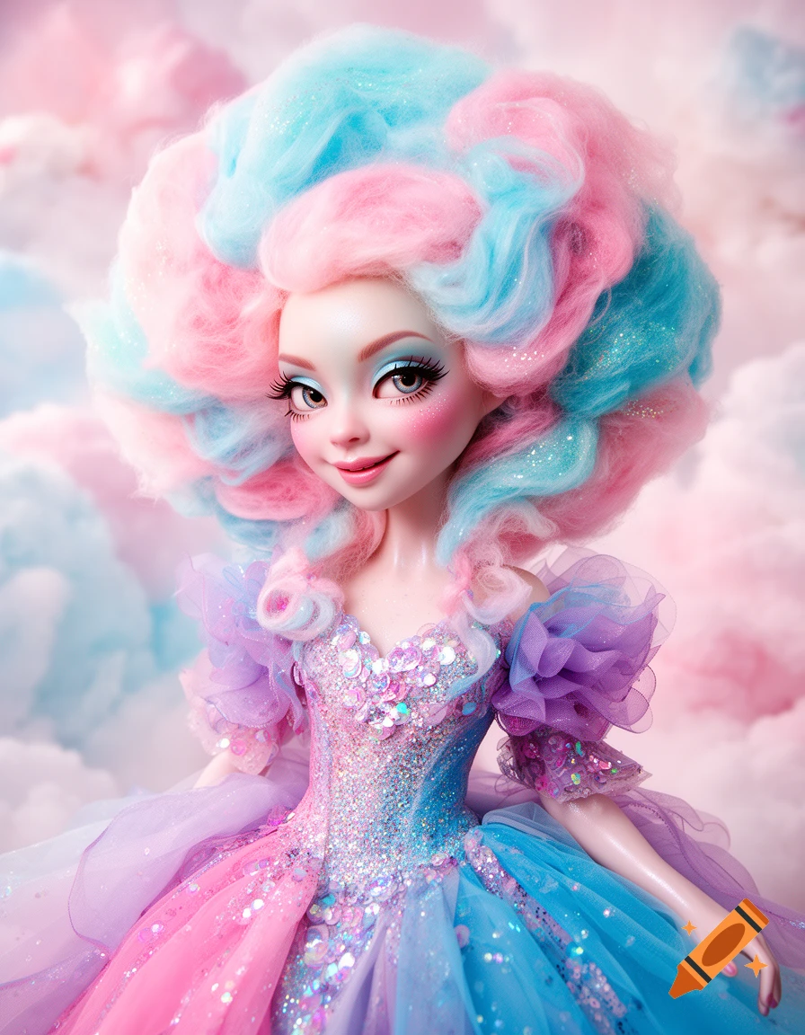 Portrait of a fantasy doll with large pink and blue cotton candy hair and a sparkly, ruffled pastel dress, against a soft cloud background.
