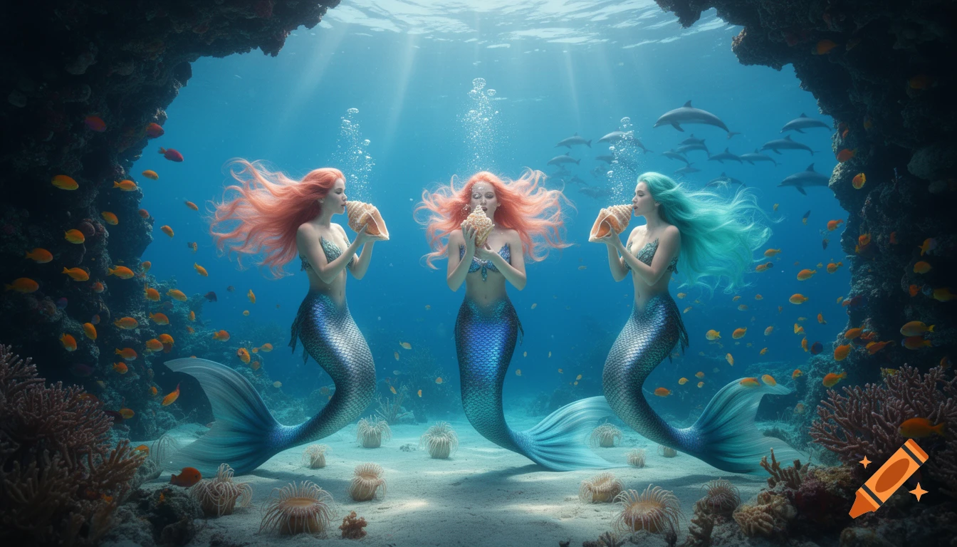 Three mermaids with vibrant hair, holding conch shells to their mouths, underwater with coral, fish, and dolphins.