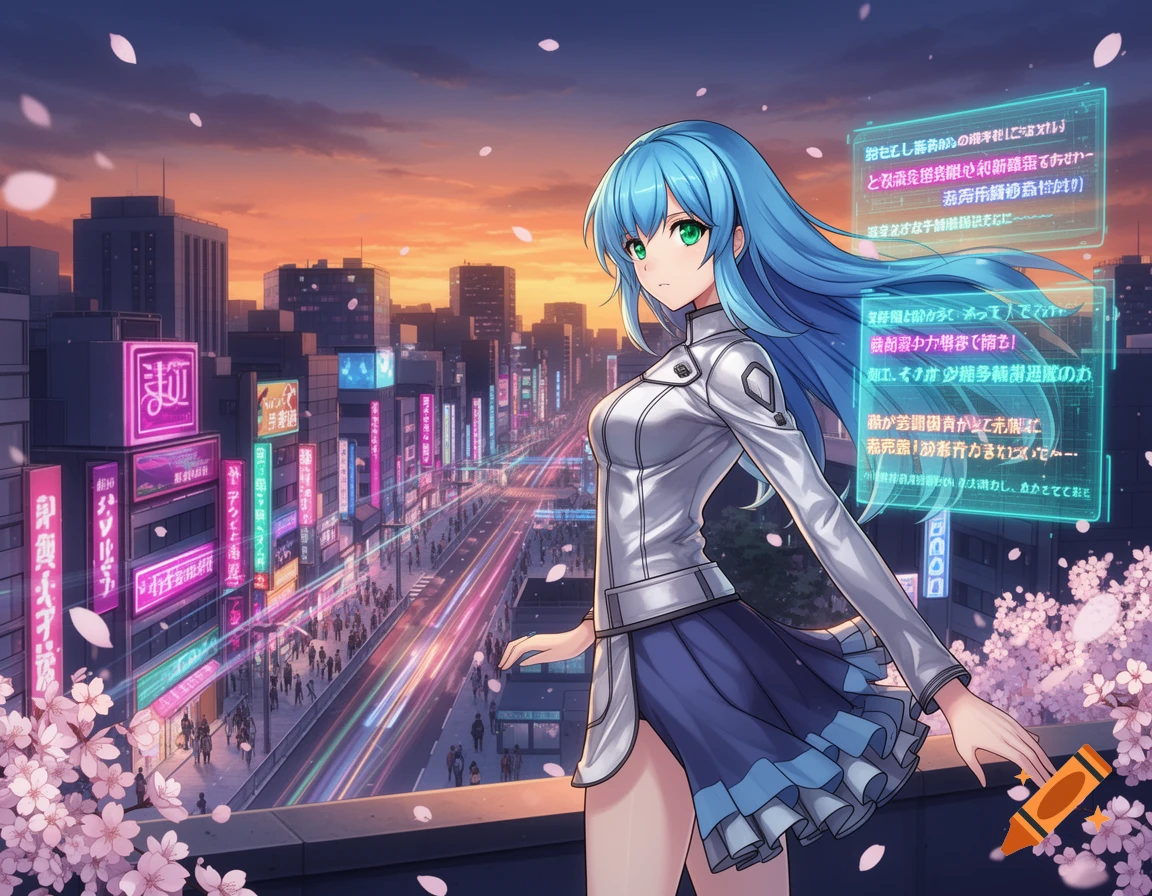 Anime girl with blue hair and green eyes on a rooftop overlooking a vibrant futuristic city at sunset with neon lights and holographic displays.