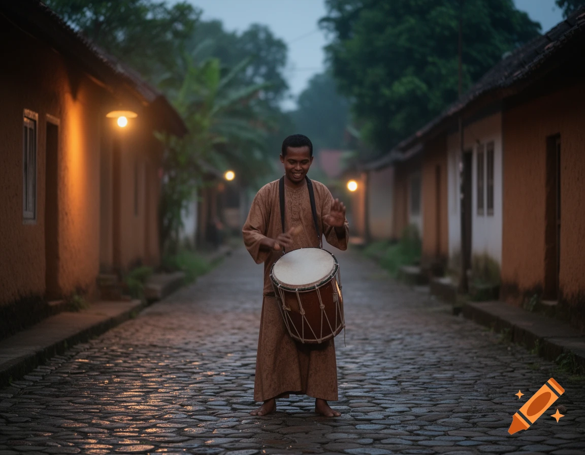 A man in traditional attire plays a large drum on a wet cobblestone street lined with houses, illuminated by warm lanterns at dusk.