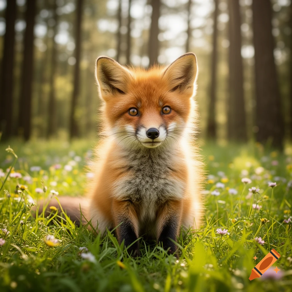 A cute red fox kit sits in a sun-drenched grassy field with small flowers, deep in a forest.