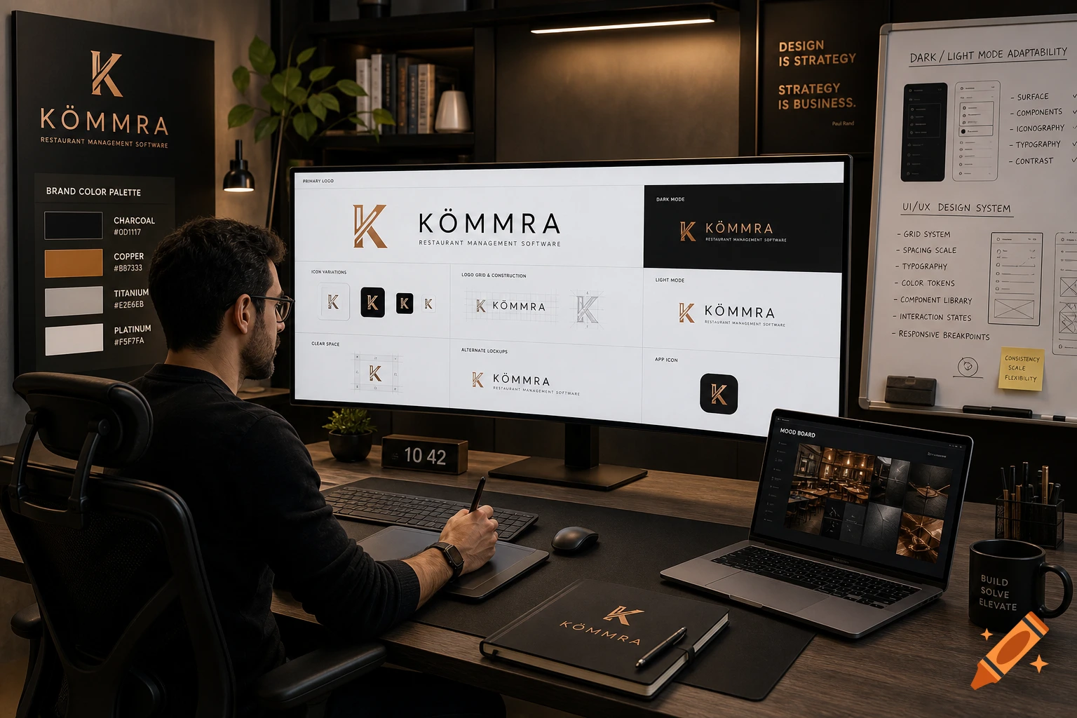 A man in glasses works at a desk with multiple screens displaying Kömmera restaurant management software branding, UI/UX design, and color palettes.