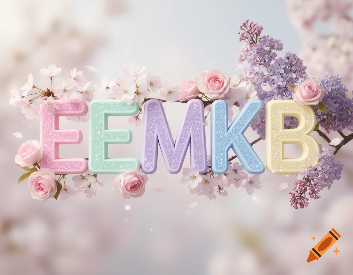 Glittery pastel letters EEMKB surrounded by pink roses, white cherry blossoms, and purple lilacs.