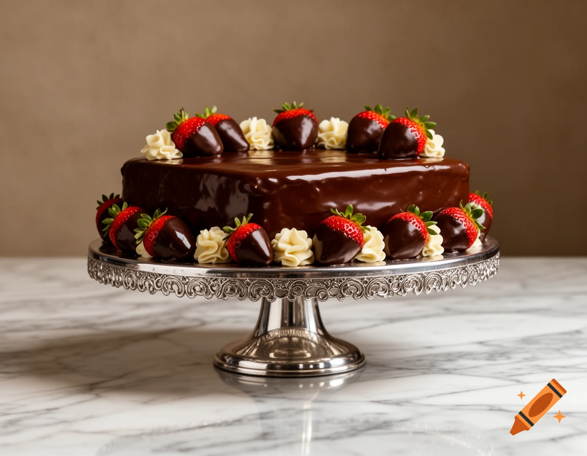 Rectangle chocolate cake with chocolate-covered strawberries and cream dollops on a silver cake stand.