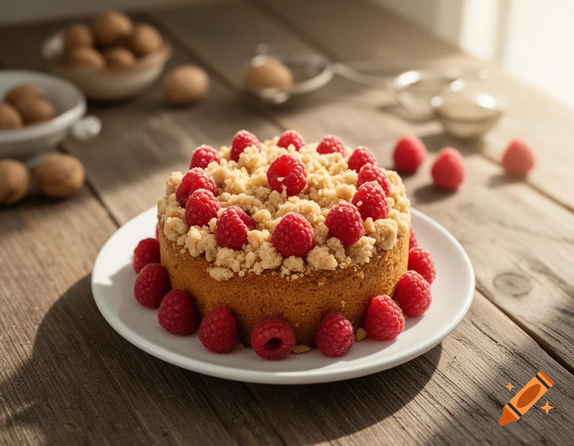 A small round cake topped with raspberries and crumble, on a white plate on a wooden table, with walnuts in the background.