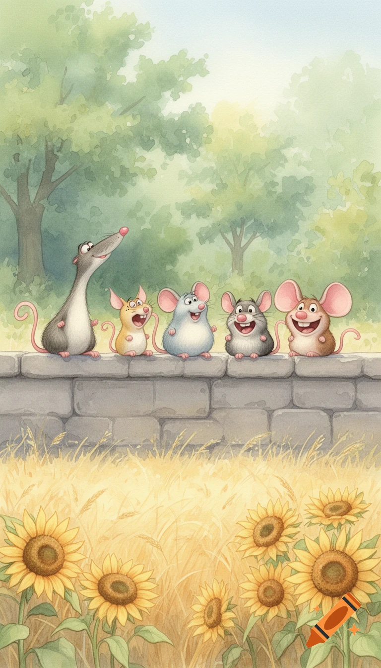 Five goofy watercolor cartoon mice sit on a stone wall looking up, surrounded by green trees, a straw meadow, and sunflowers.