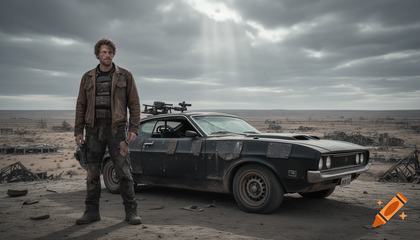 Photorealistic image of a man in a leather jacket standing by a modified black muscle car in a desolate post-apocalyptic landscape.