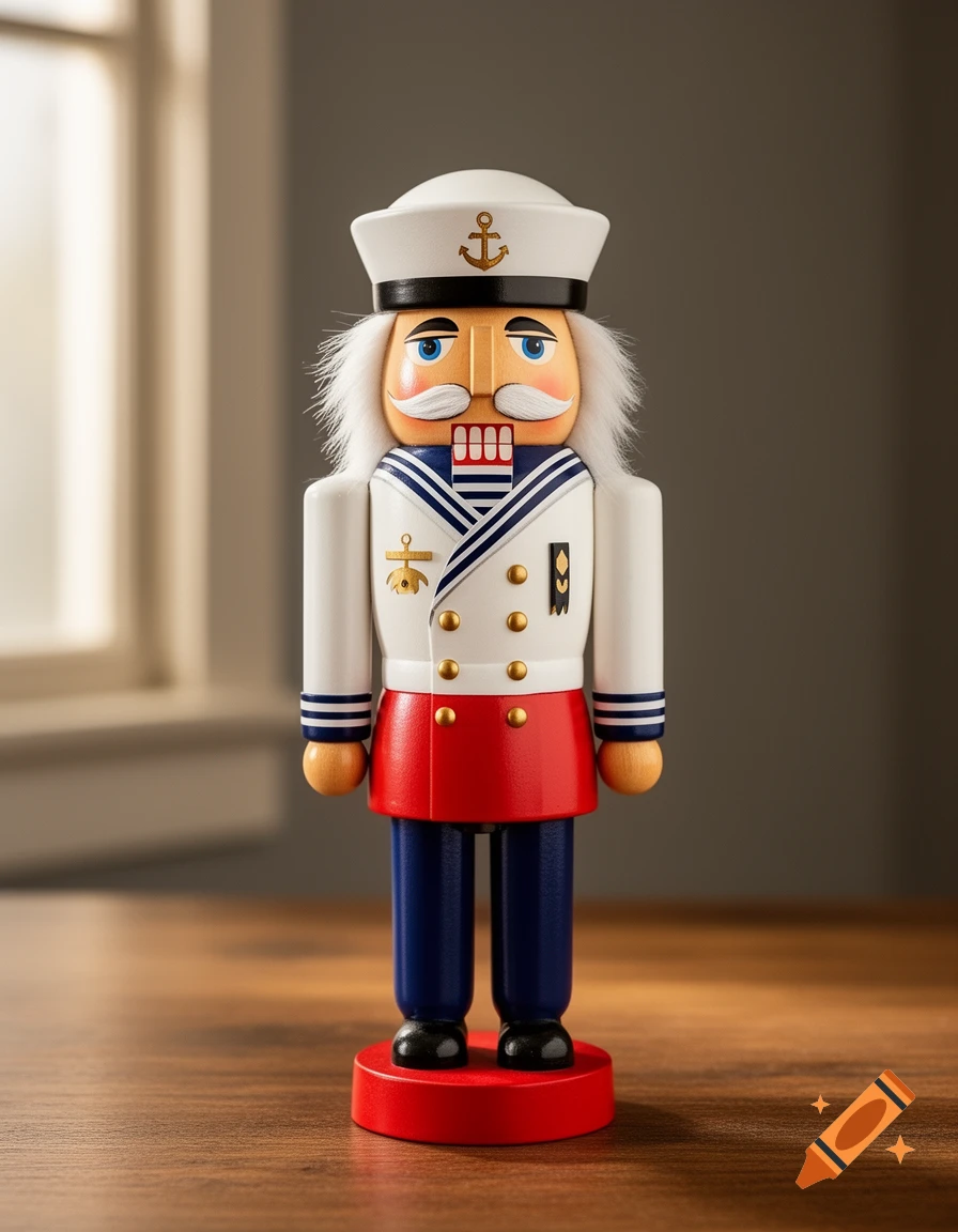 A wooden nutcracker dressed in a white sailor uniform, red skirt, and blue pants stands on a polished wooden surface near a window.