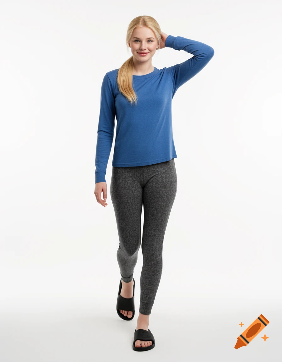 A blonde woman in a blue long-sleeved top and dark grey leggings walks forward against a white background, her right hand behind her head, smiling.