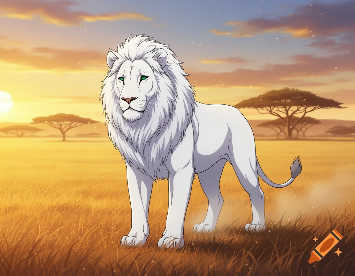 An illustrated white lion with green eyes stands in a golden savanna at sunset, with acacia trees in the background.