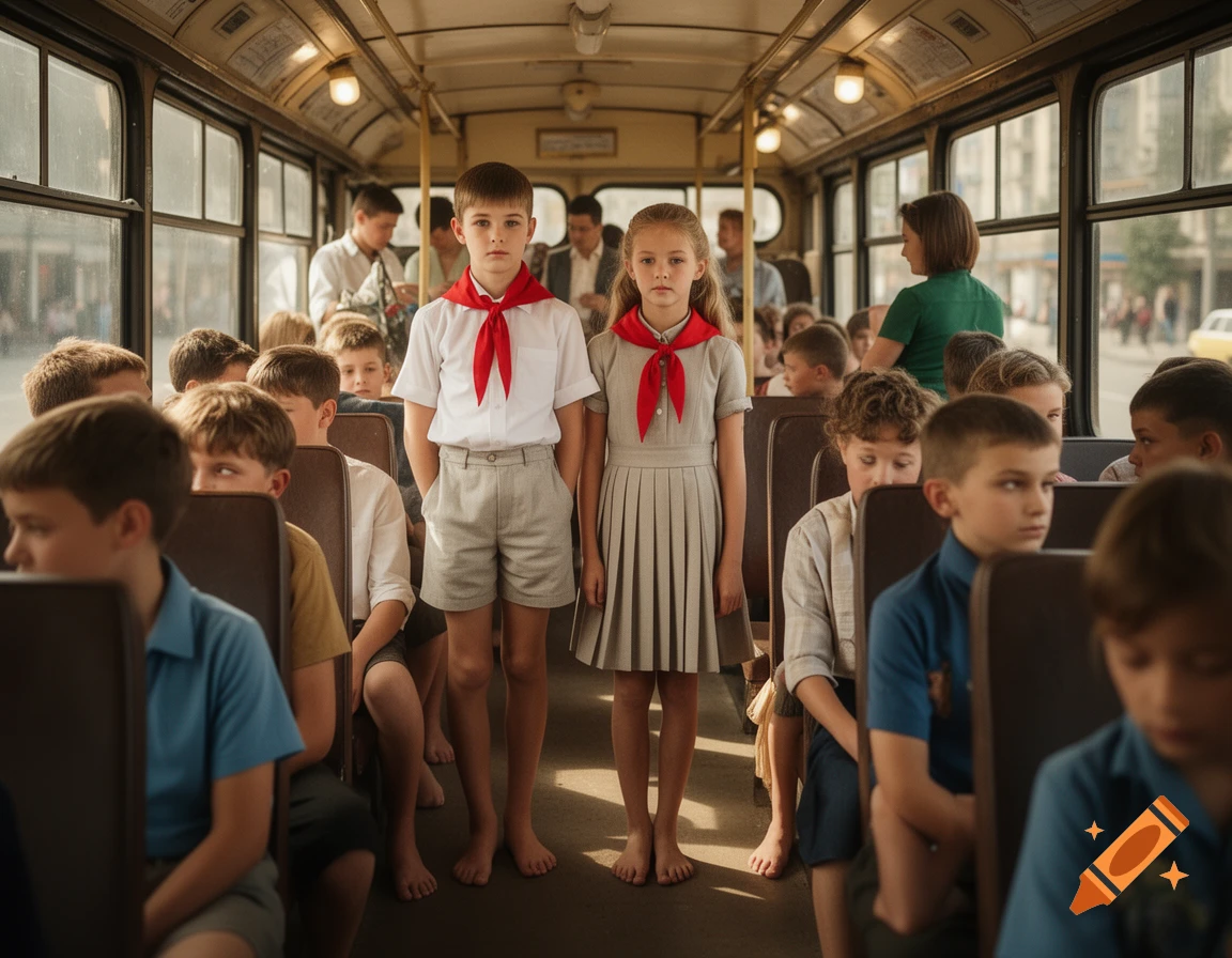 A boy and a girl in pioneer uniforms stand barefoot in the aisle of a bus, surrounded by other children and adults.