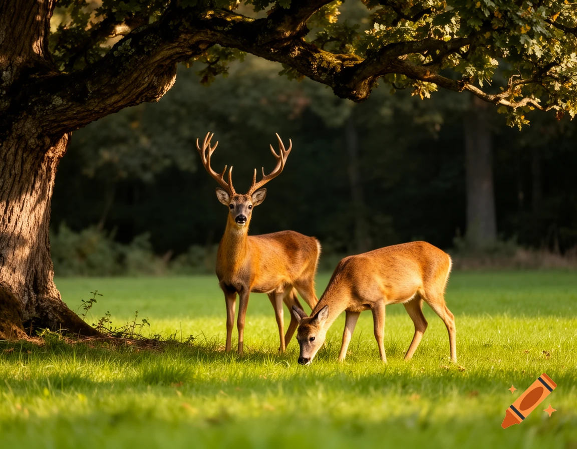 A photorealistic image of a deer with antlers standing and another grazing under a large oak tree in a sunlit grassy field.