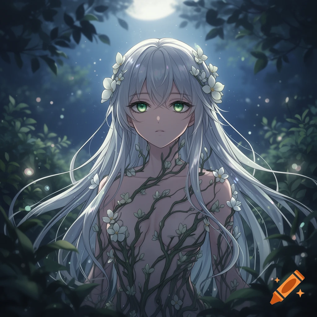 A serene anime girl with long white hair and green eyes, adorned with white flowers and vines, stands in a magical forest under a full moon.