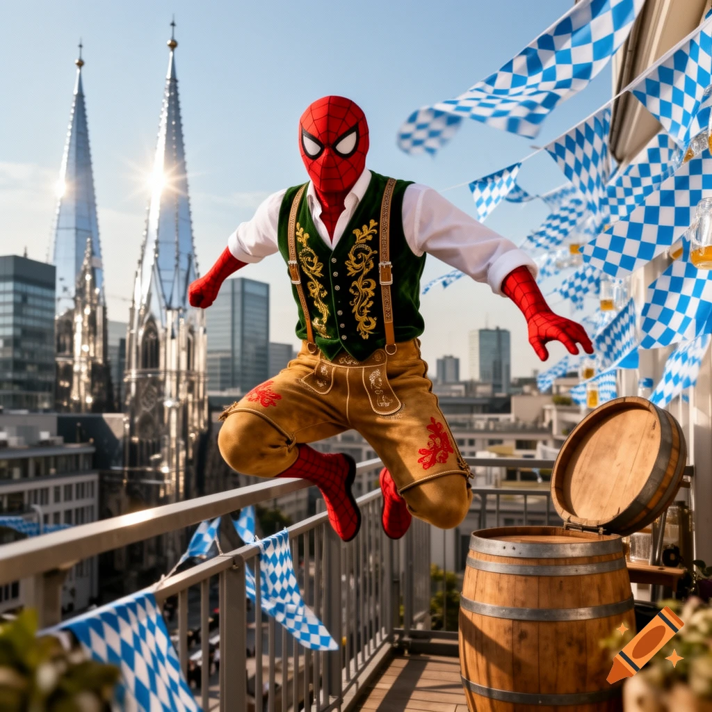 Spider-Man in traditional Bavarian lederhosen and green vest jumps on a balcony with blue and white flags, overlooking a city skyline with cathedral spires.