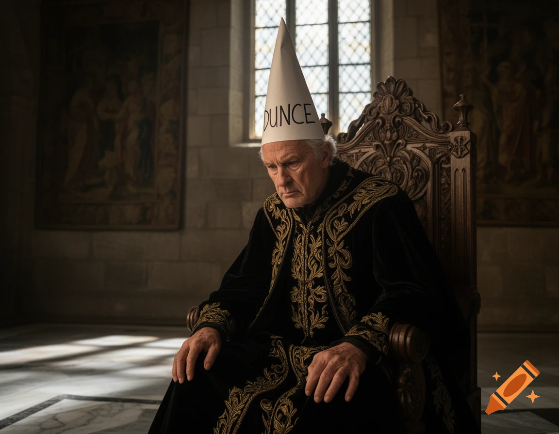 An old man with a sad expression sits on an ornate throne, wearing a black and gold royal robe and a white dunce cap labeled 'DUNCE'.