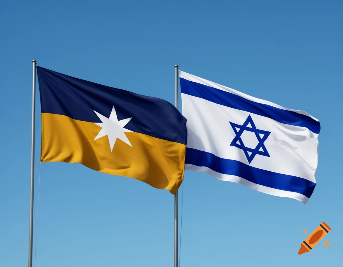 The flags of Nauru (blue, gold, white star) and Israel (white, blue stripes, Star of David) flying side-by-side against a clear blue sky.