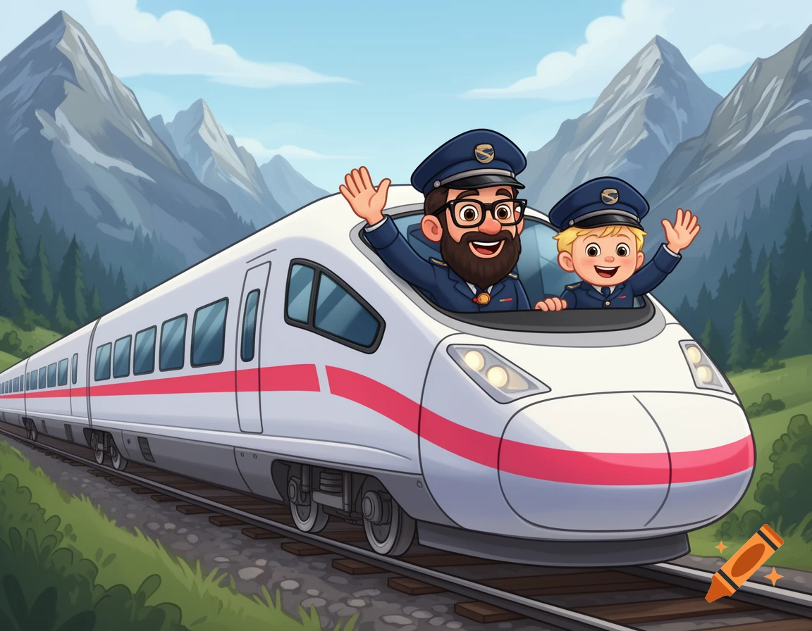Cartoon of a father and son, dressed as train conductors, waving from a fast train speeding through a mountain landscape.