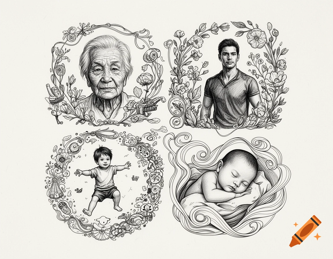 Four line art portraits in floral frames: an elderly woman, a man, a toddler, and a sleeping baby, representing different generations.