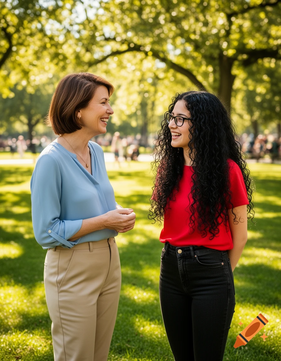 Two women smiling and talking in a sunlit park.