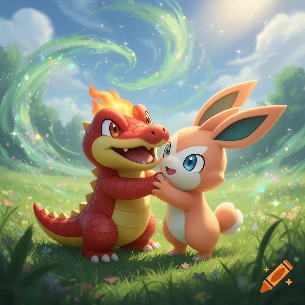 A cute red alligator-like creature with fire on its head and an orange rabbit-like creature with large ears hugging in a sunny, sparkling green field. Anime style.