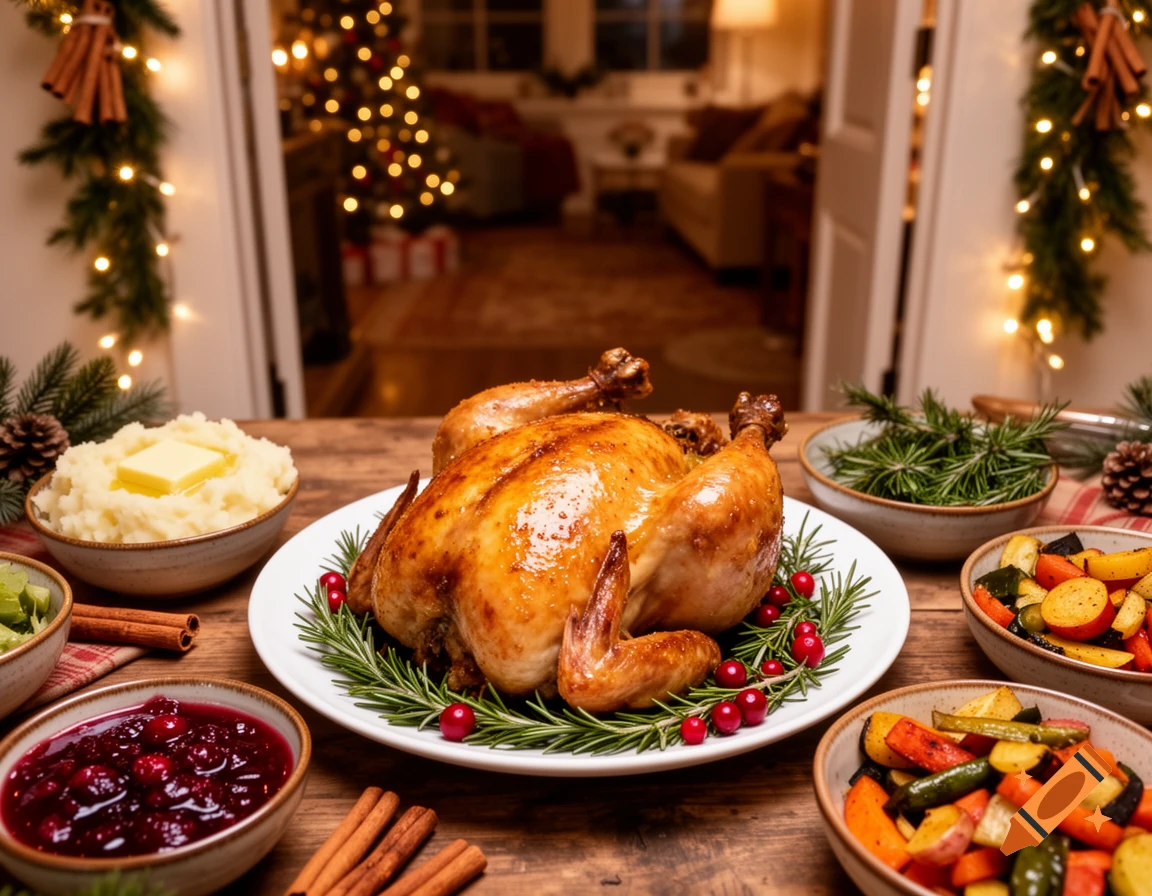 Roasted chicken Christmas dinner with mashed potatoes, cranberries, and vegetables on a festive table.