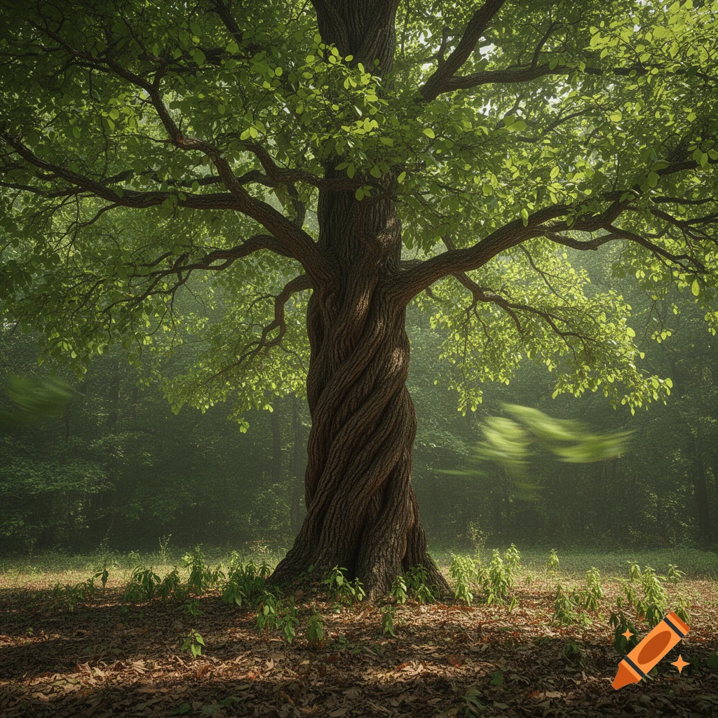 A large, old tree with a twisted trunk and vibrant green leaves stands in a misty, sunlit forest. Photorealistic style.