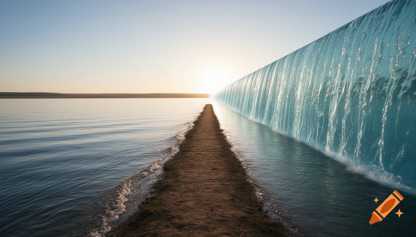 A path divides a tranquil lake from a massive, vertical wall of blue water under a bright sunrise sky.