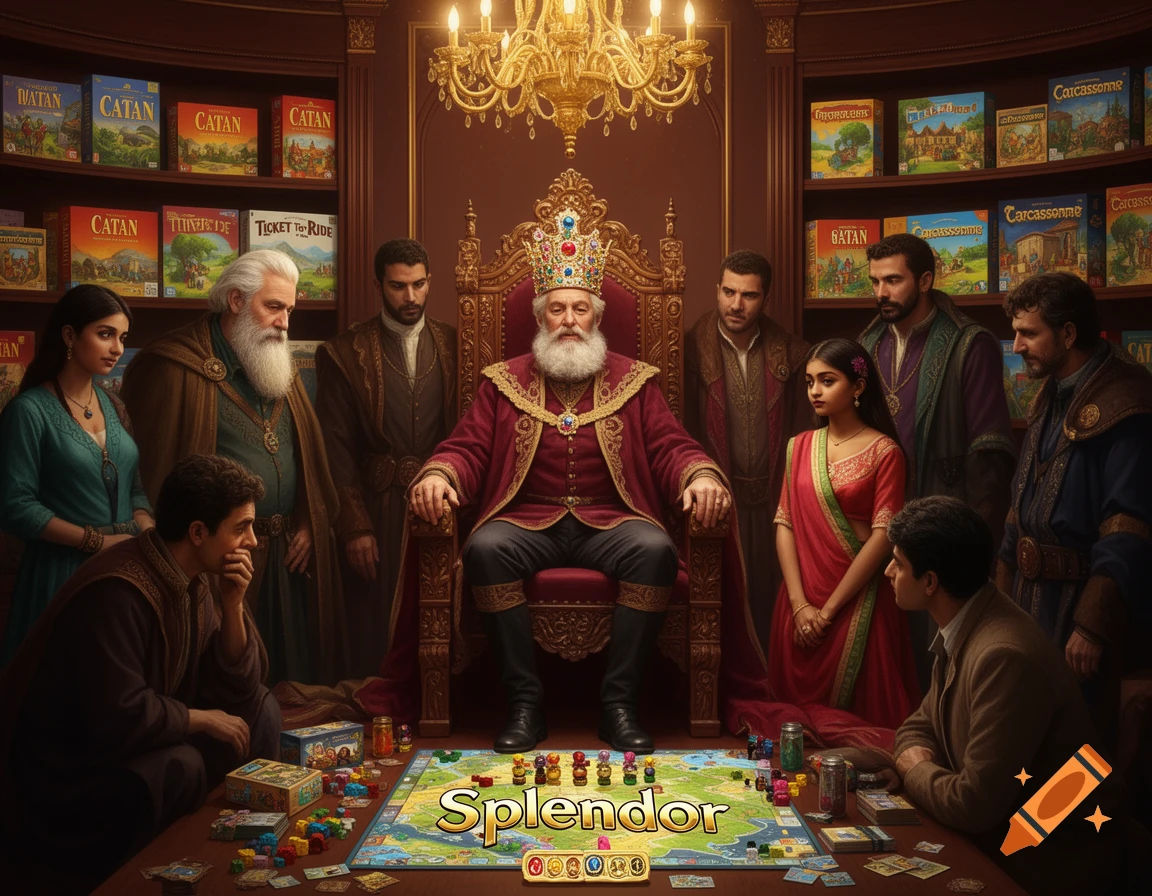 A king on a throne plays the board game Splendor, surrounded by his admiring court and shelves of other eurogames.