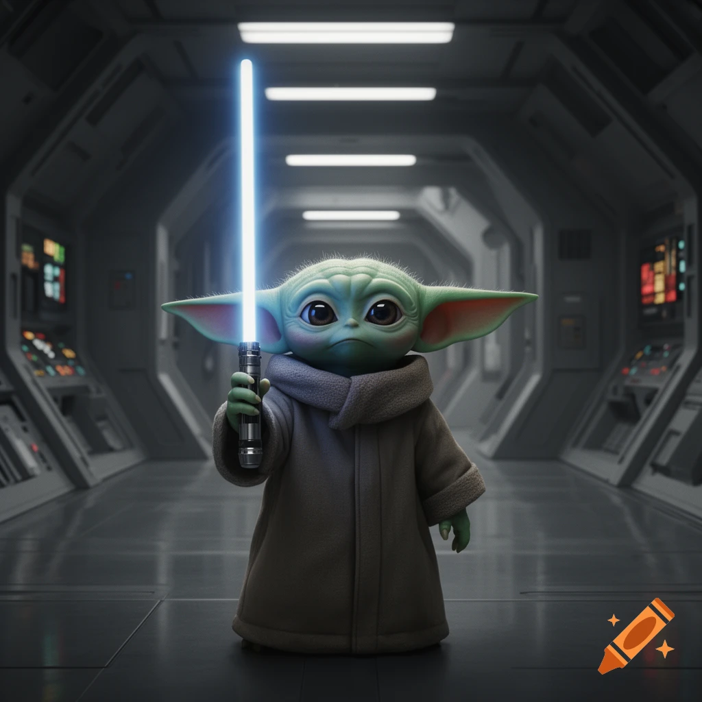 Grogu, in a brown robe, stands in a futuristic spaceship corridor, holding a glowing blue lightsaber.