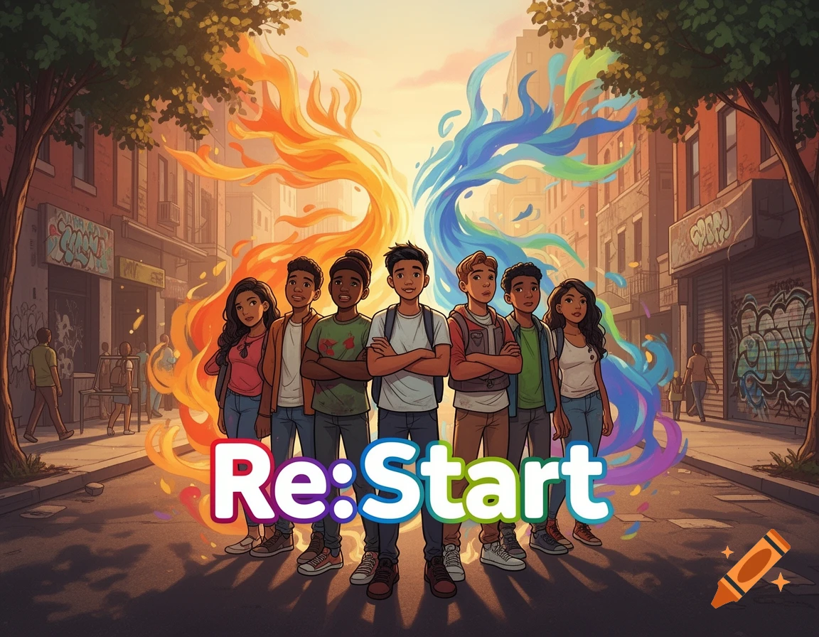 Seven diverse young people stand on an urban street, with colorful abstract flames behind them and 'Re:Start' text.