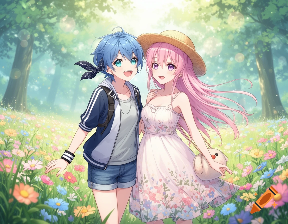 Two anime-style young women, one with blue hair and one with pink, walk through a vibrant meadow of colorful flowers.