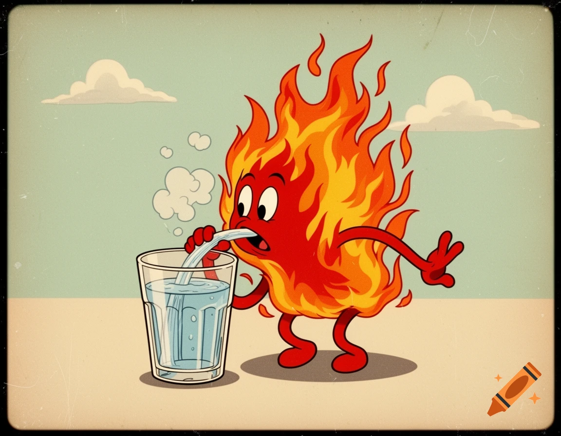 A rubber hose style cartoon fire character with big eyes drinks water from a glass with a straw-like flame, against a light blue sky.
