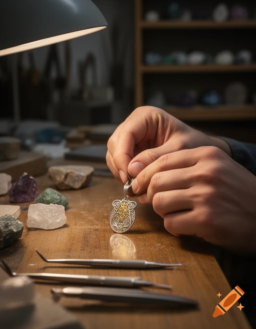 Hands crafting an intricate silver and gold pendant on a wooden workbench with tools and raw stones, lit by a lamp.