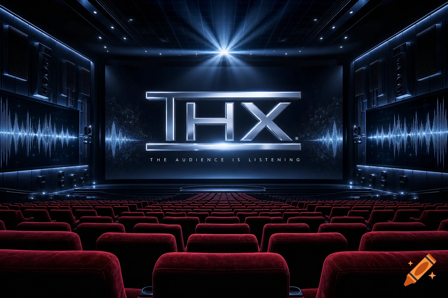An empty movie theater with red seats and a large screen showing a metallic THX logo and sound waves.