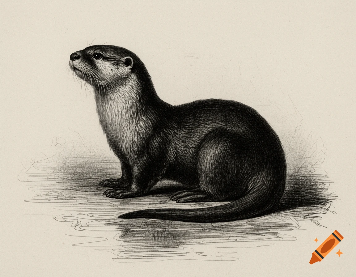 Detailed black and white inked drawing of an otter sitting and looking up, rendered with cross-hatching.