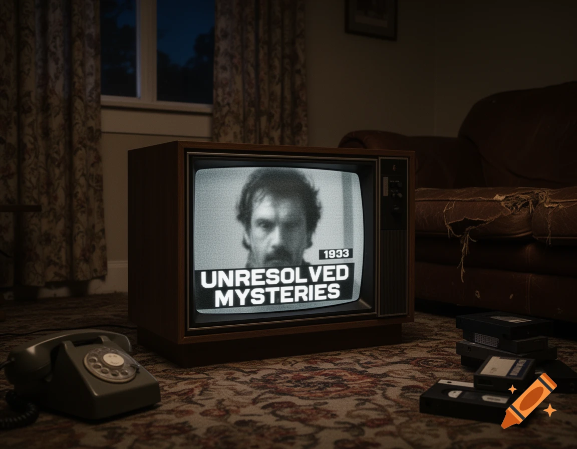 A vintage TV displays 'UNRESOLVED MYSTERIES' and a grainy man's face in a dimly lit room with an old phone and VHS tapes.