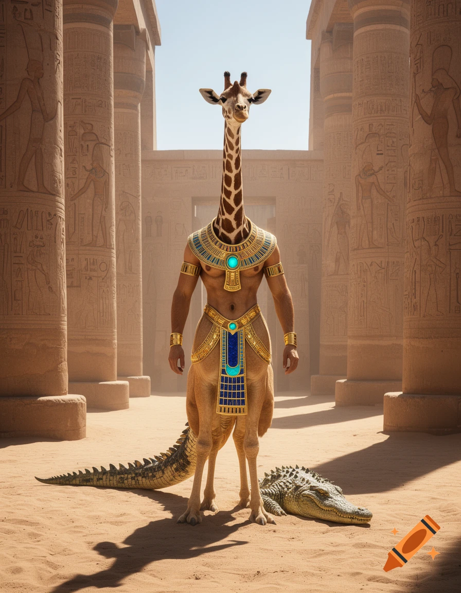 An anthropomorphic Egyptian deity with a giraffe head, human torso adorned with gold and blue jewelry, and a crocodile tail, stands in a sandy desert temple.