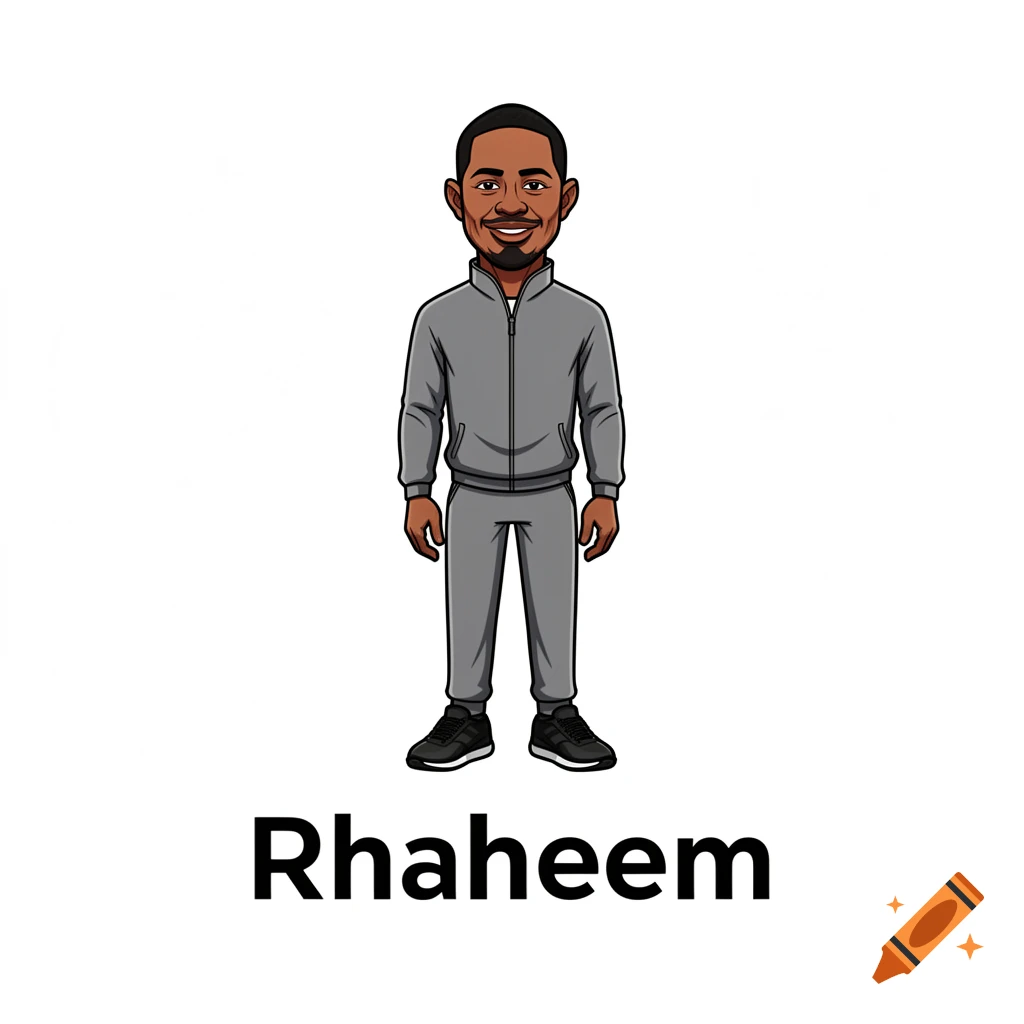 A cartoon character resembling Tiger Woods wearing a grey tracksuit and black trainers, with the name Rhaheem below.