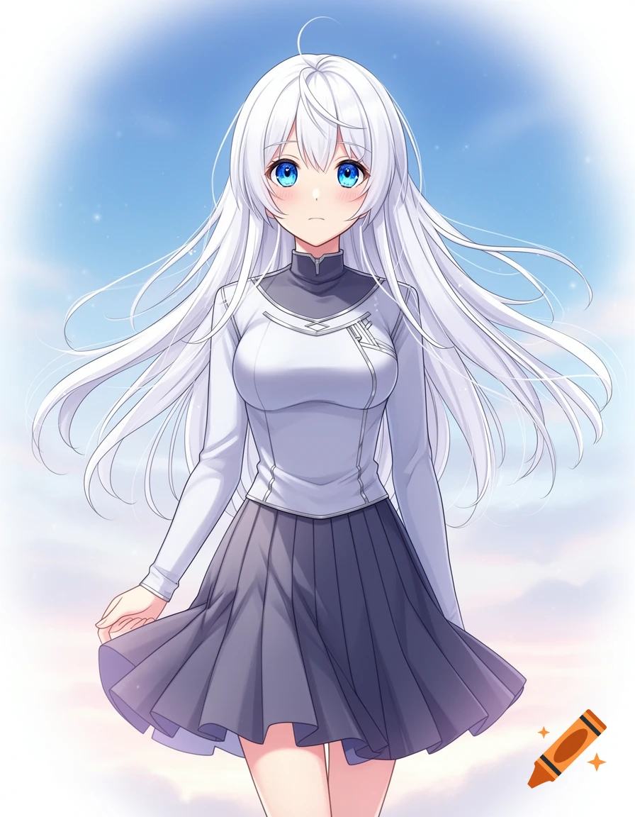 An anime girl with long white hair and bright blue eyes wears a gray and white school uniform with a pleated skirt, standing against a light blue sky.
