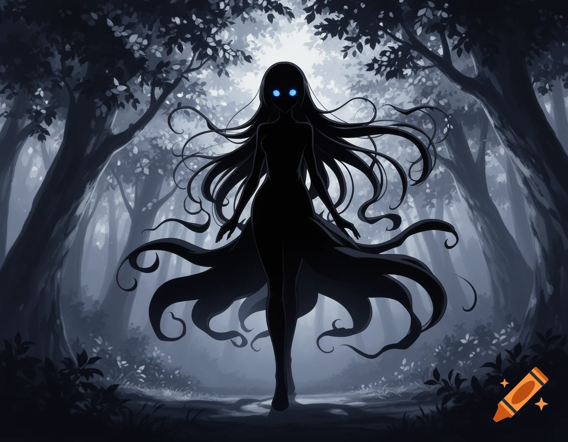 Anime style illustration of a shadowy figure with glowing blue eyes and flowing dark hair standing in a misty, dark forest.