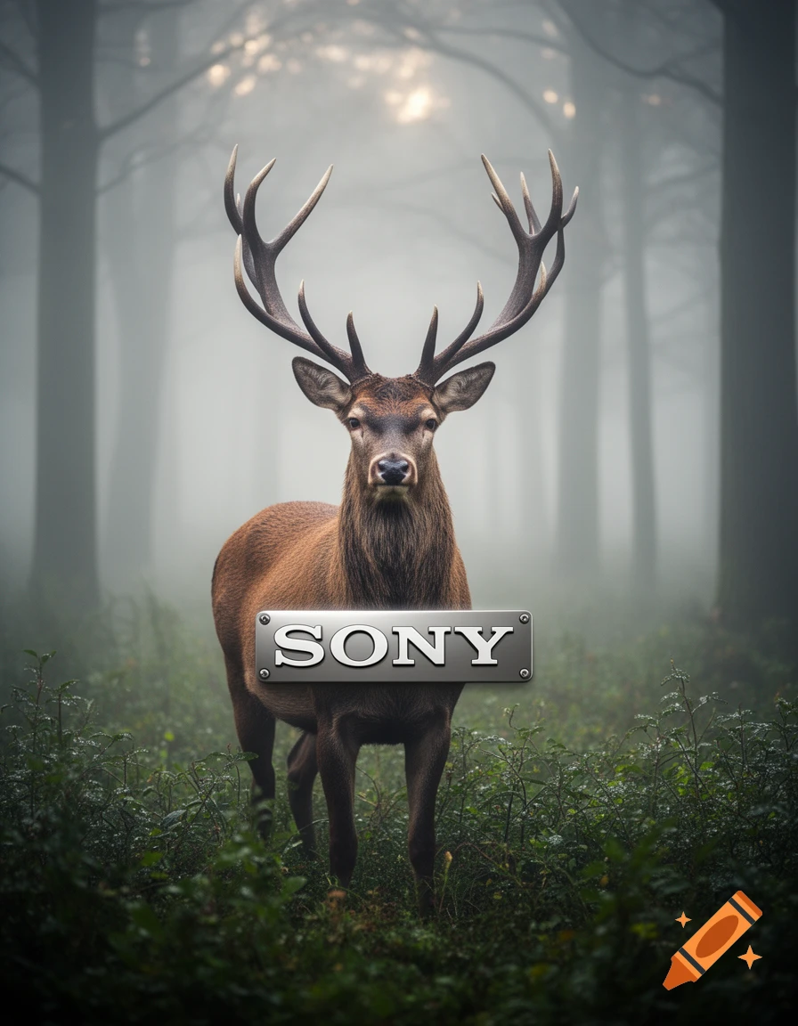 A majestic deer with large antlers stands in a misty forest, featuring a 'SONY' logo badge on its chest. Photorealistic style.